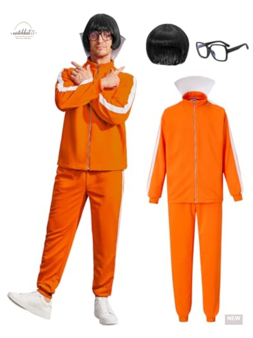 4pc Men's Halloween Costume Set - Orange Sport Suit with Wig and Glasses